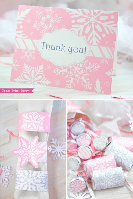 Winder ONEderland Printable birthday party thank you note, napking rings and hershey kisses labels in pink and silver snowflakes - Press Print Party!