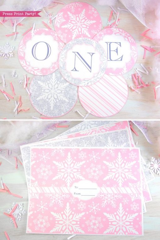 Winder ONEderland Printable birthday party banner and gift wrap in pink and silver snowflakes - Press Print Party!