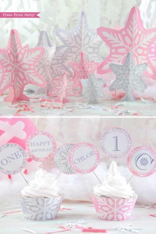 Winder ONEderland Printable birthday party table decorations snowflakes and cupcake toppers and wrappers in pink and silver snowflakes - Press Print Party!