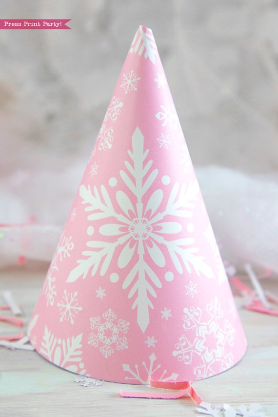 Winder ONEderland Printable birthday party hat in pink and silver snowflakes - Press Print Party!