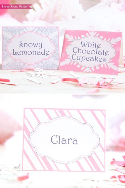 Winder ONEderland Printable place card in pink and silver snowflakes - Press Print Party!