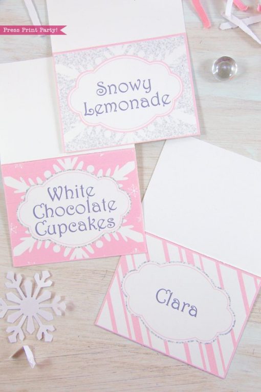 Winder ONEderland Printable place card in pink and silver snowflakes - Press Print Party!