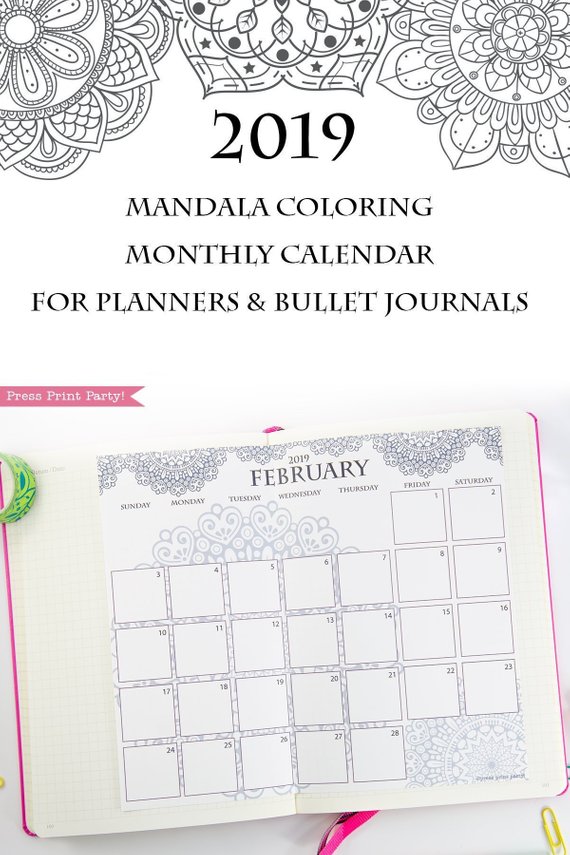 2019 Calendar Printable, Mandala Coloring Style image about Bullet Journal Calendar Printable known as 2019 Calendar Printable, Mandala Coloring Design and style