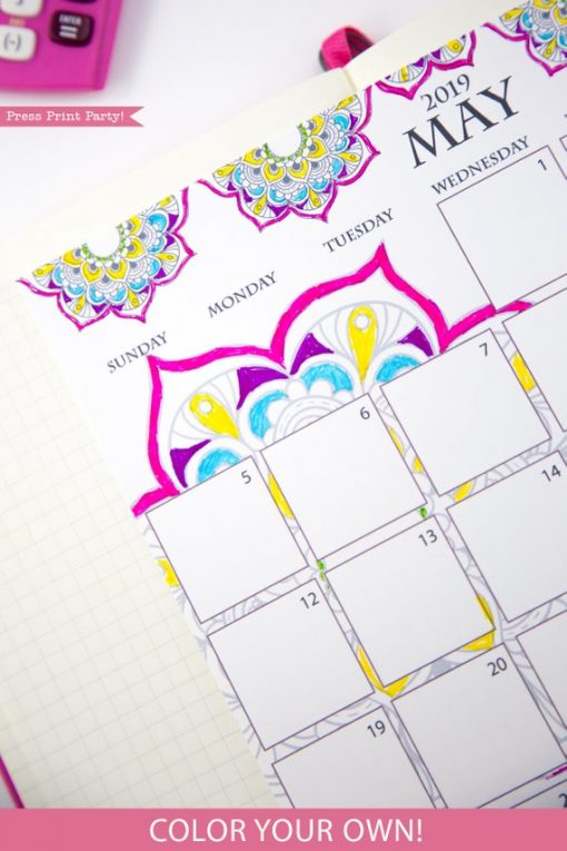 2019 Calendar Printable, Monthly Calendar, Mandala coloring. For bullet journals or A5 planners. Press Print Party!