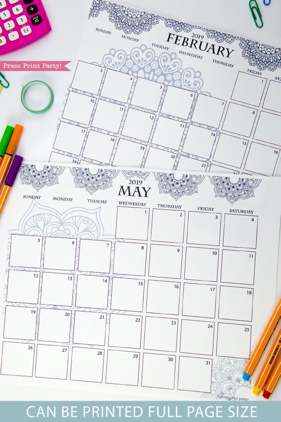 2019 Calendar Printable, Monthly Calendar, Mandala coloring. For bullet journals or A5 planners. Press Print Party!