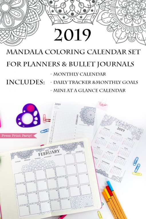 2019 Calendar Printable Set, Monthly Calendar, Daily task tracker, mini at a glance calendar, Mandala coloring. For bullet journals or A5 planners. Press Print Party!