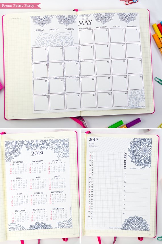 2019 Calendar Printable Set, Monthly Calendar, Daily task tracker, mini at a glance calendar, Mandala coloring. For bullet journals or A5 planners. Press Print Party!