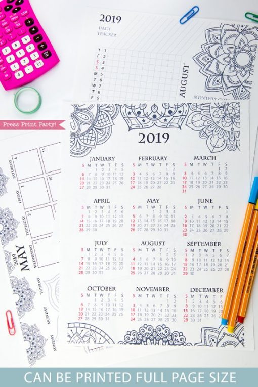 2019 Calendar Printable Set, Monthly Calendar, Daily task tracker, mini at a glance calendar, Mandala coloring. For bullet journals or A5 planners. Press Print Party!