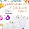 2019 Printable Calendar Set, Monthly Calendar, Daily task tracker, mini at a glance calendar, habit tracker, goal setting, watercolor designs. For bullet journals or A5 planners. Press Print Party!