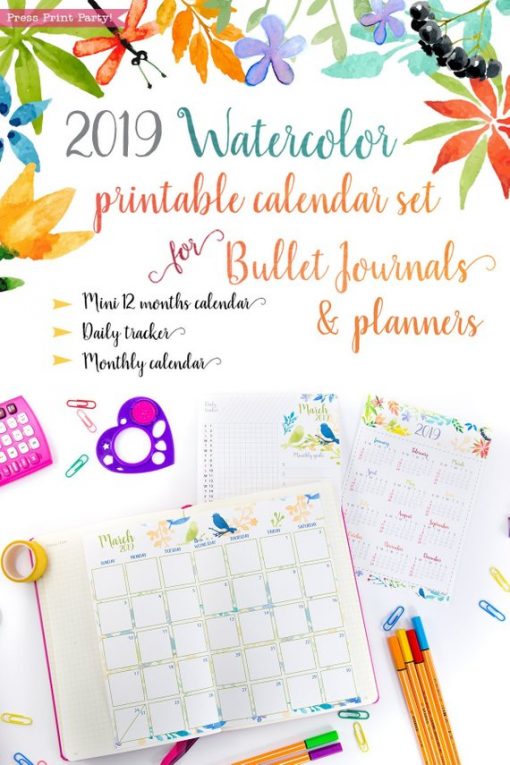 2019 Printable Calendar Set, Monthly Calendar, Daily task tracker, mini at a glance calendar, habit tracker, goal setting, watercolor designs. For bullet journals or A5 planners. Press Print Party!