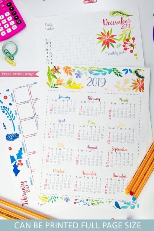 2019 Printable Calendar Set, Monthly Calendar, Daily task tracker, mini at a glance calendar, habit tracker, goal setting, watercolor designs. For bullet journals or A5 planners. Press Print Party!