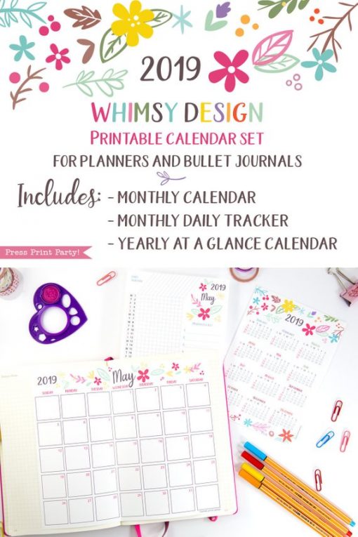 2019 Printable Calendar Set, Monthly Calendar, Daily task tracker, mini at a glance calendar, whimsy designs. For bullet journals or A5 planners. Press Print Party!