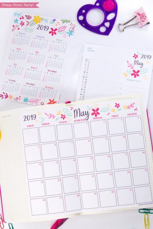 2019 Printable Calendar Set, Monthly Calendar, Daily task tracker, mini at a glance calendar, whimsy designs. For bullet journals or A5 planners. Press Print Party!