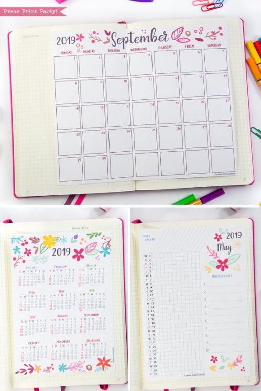 2019 Calendar Printable Set Monthly Calendar, Daily task tracker, mini at a glance calendar, whimsy designs. For bullet journals or A5 planners. Press Print Party!