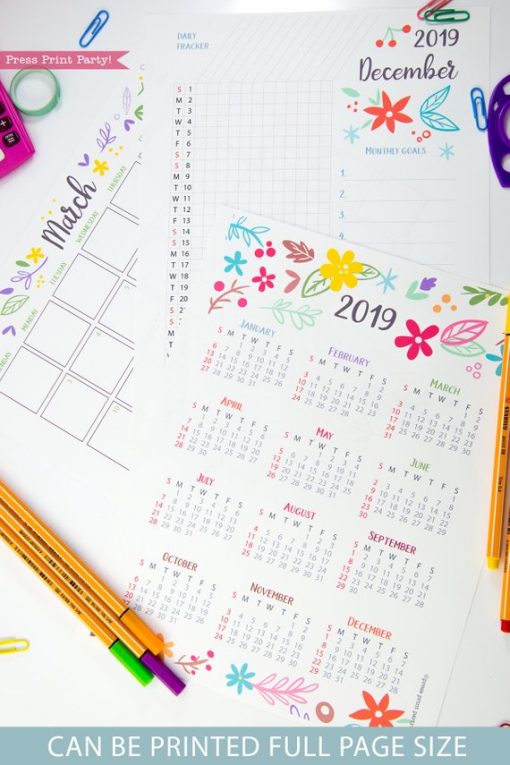 2019 Printable Calendar Set, Monthly Calendar, Daily task tracker, mini at a glance calendar, whimsy designs. For bullet journals or A5 planners. Press Print Party!