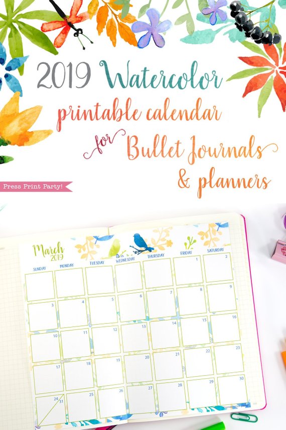 2019 Calendar Printable, Monthly Calendar, watercolor designs. For bullet journals or A5 planners - bujo. Press Print Party!