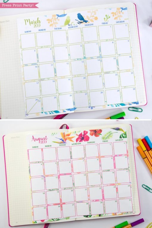 2019 Calendar Printable, Monthly Calendar, watercolor designs. For bullet journals or A5 planners - bujo. Press Print Party!