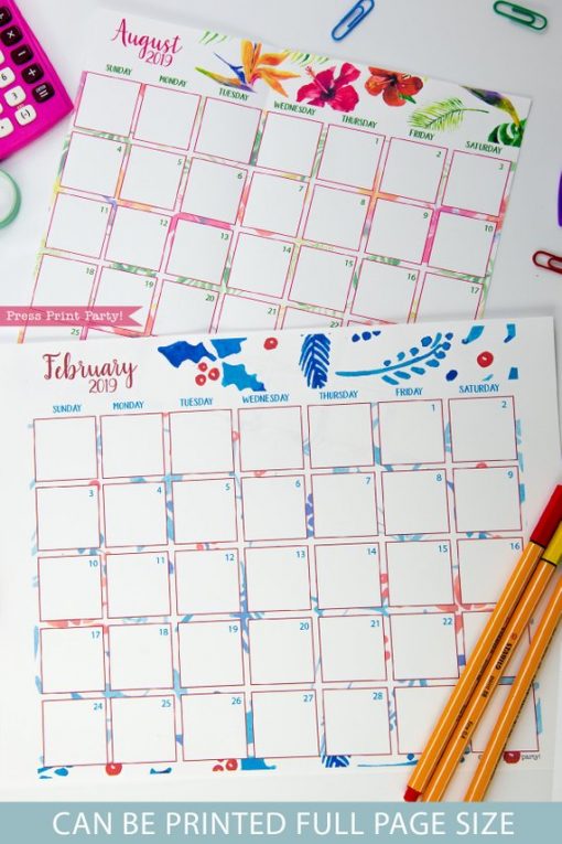 2019 Calendar Printable, Monthly Calendar, watercolor designs. For bullet journals or A5 planners - bujo. Press Print Party!