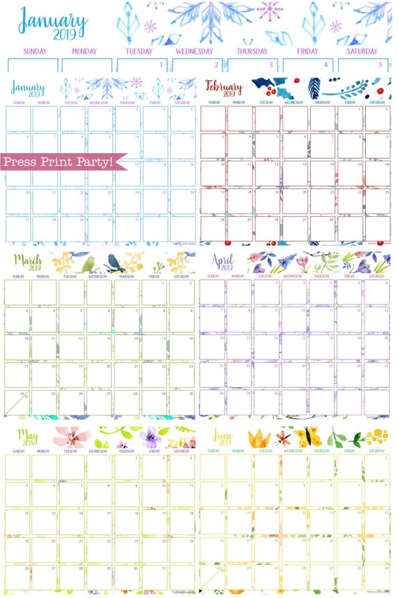 2019 Calendar Printable, Monthly Calendar, watercolor designs. For bullet journals or A5 planners - bujo. Press Print Party!