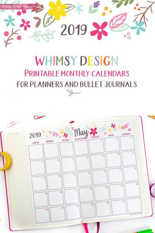 2019 Calendar Printable, Monthly Calendar, whimsy designs. For bullet journals or A5 planners - bujo. Press Print Party!