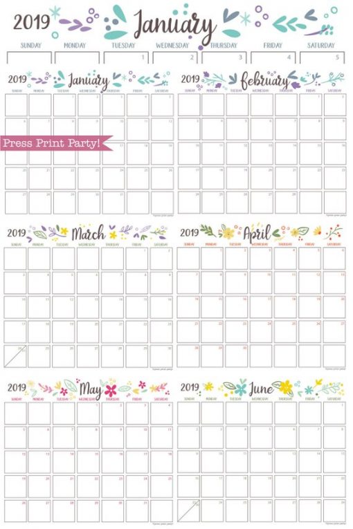 2019 Calendar Printable, Monthly Calendar, whimsy designs. For bullet journals or A5 planners - bujo. Press Print Party!
