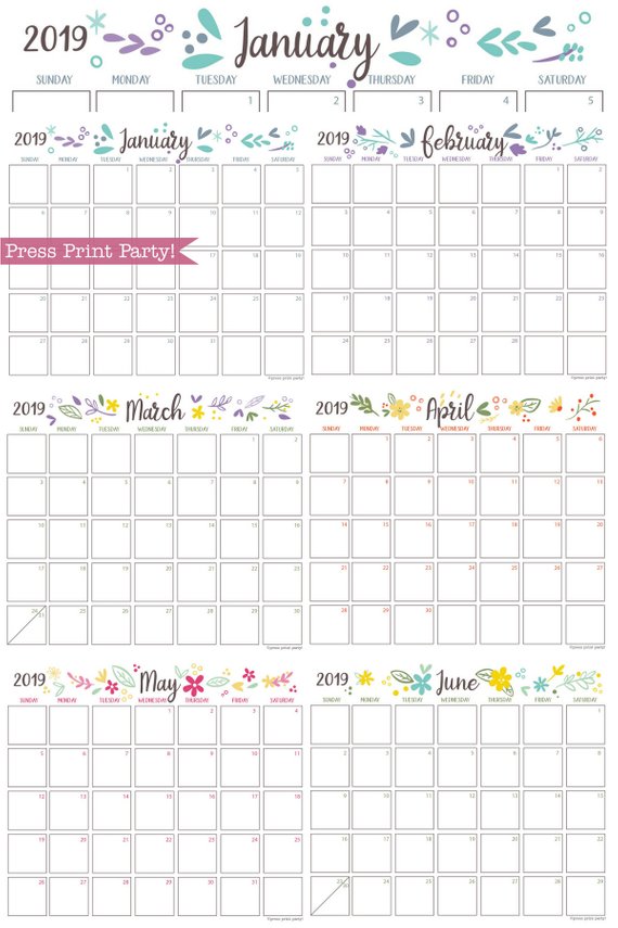 2019 Calendar Printable, Monthly Calendar, whimsy designs. For bullet journals or A5 planners - bujo. Press Print Party!