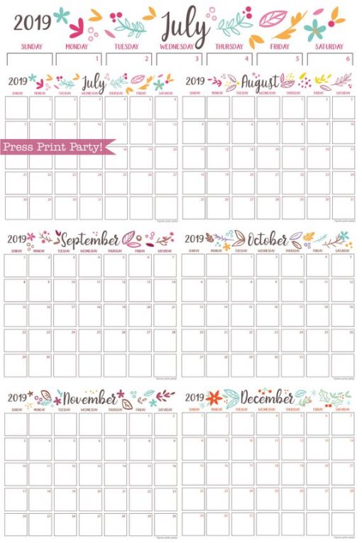 2019 Calendar Printable, Monthly Calendar, whimsy designs. For bullet journals or A5 planners - bujo. Press Print Party!