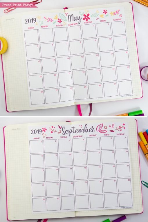 2019 Calendar Printable, Monthly Calendar, whimsy designs. For bullet journals or A5 planners - bujo. Press Print Party!