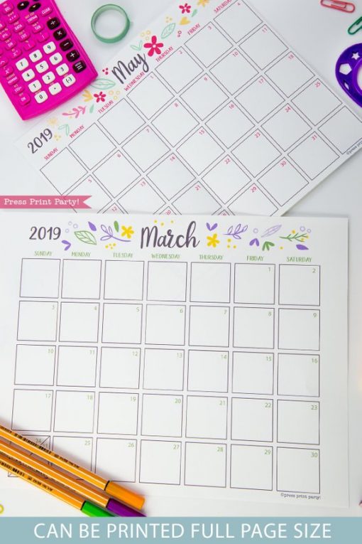 2019 Calendar Printable, Monthly Calendar, whimsy designs. For bullet journals or A5 planners - bujo. Press Print Party!