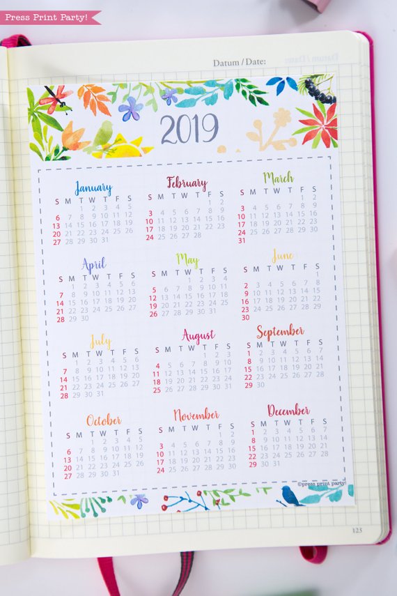 2019 mini calendar printable for bullet journal and planners - at a glance calendar - Press Print Party!