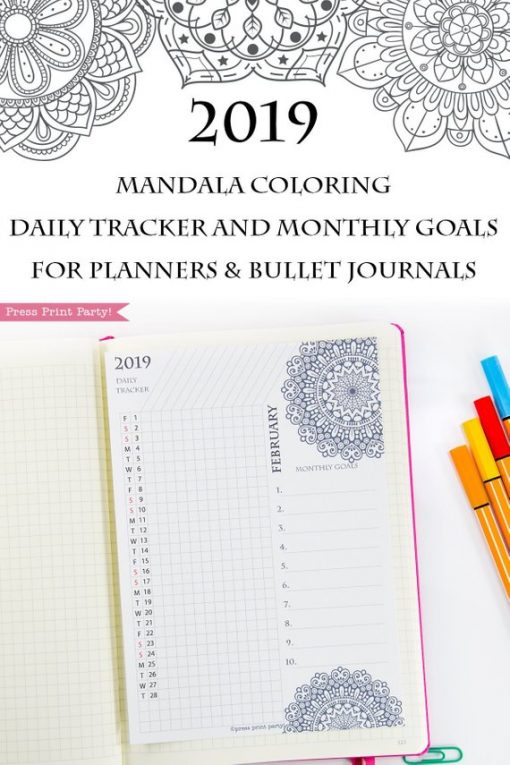 2019 Daily Task Tracker Printable Set, Monthly Calendar, Mandala coloring. For bullet journals or A5 planners. Press Print Party!