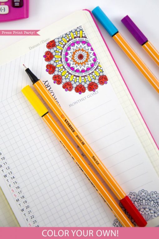 2019 Daily Task Tracker Printable Set, Monthly Calendar, Mandala coloring. For bullet journals or A5 planners. Press Print Party!