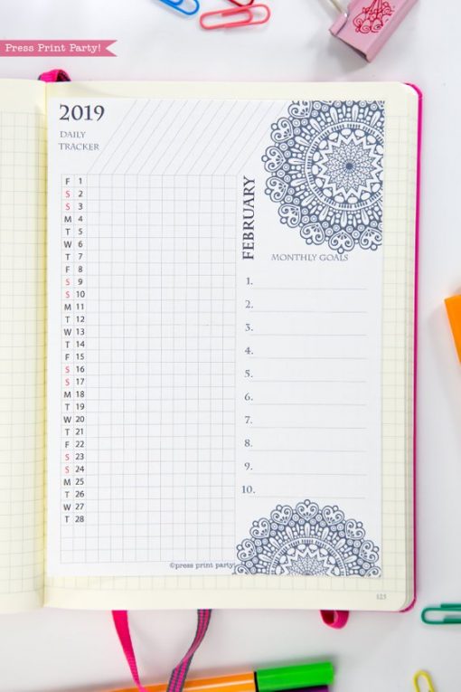 2019 Daily Task Tracker Printable Set, Monthly Calendar, Mandala coloring. For bullet journals or A5 planners. Press Print Party!