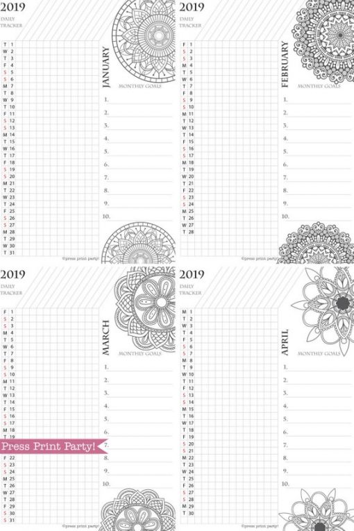 2019 Daily Task Tracker Printable Set, Monthly Calendar, Mandala coloring. For bullet journals or A5 planners. Press Print Party!