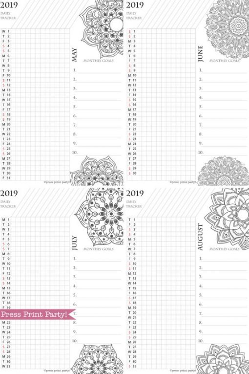 2019 Daily Task Tracker Printable Set, Monthly Calendar, Mandala coloring. For bullet journals or A5 planners. Press Print Party!