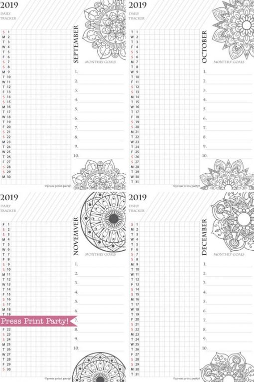 2019 Daily Task Tracker Printable Set, Monthly Calendar, Mandala coloring. For bullet journals or A5 planners. Press Print Party!