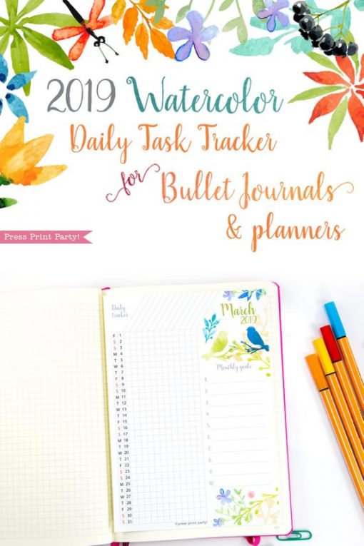 2019 Task Tracker Printable, habit tracker, goal setting, Watercolor Design, Press Print Party!