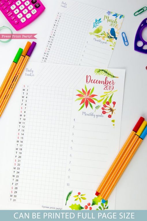 2019 Task Tracker Printable, habit tracker, goal setting, Watercolor Design, Press Print Party!