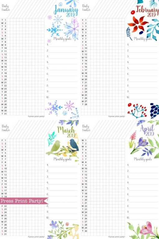 2019 Task Tracker Printable, habit tracker, goal setting, Watercolor Design, Press Print Party!