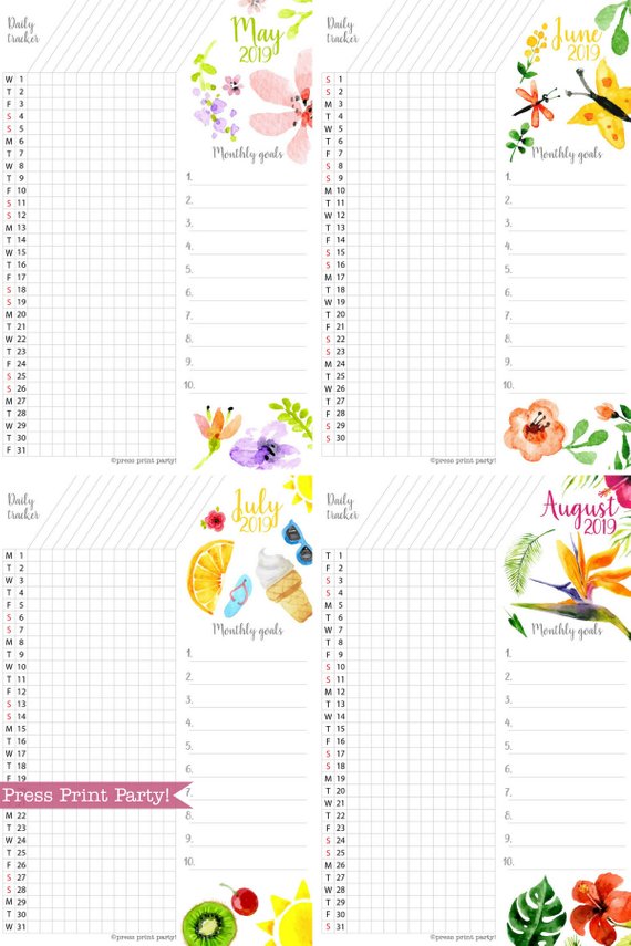 2019 Task Tracker Printable, habit tracker, goal setting, Watercolor Design, Press Print Party!