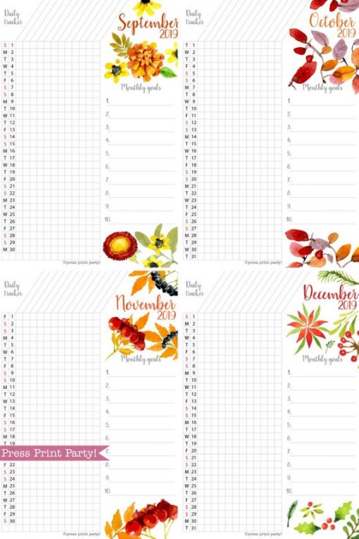 2019 Task Tracker Printable, habit tracker, goal setting, Watercolor Design, Press Print Party!