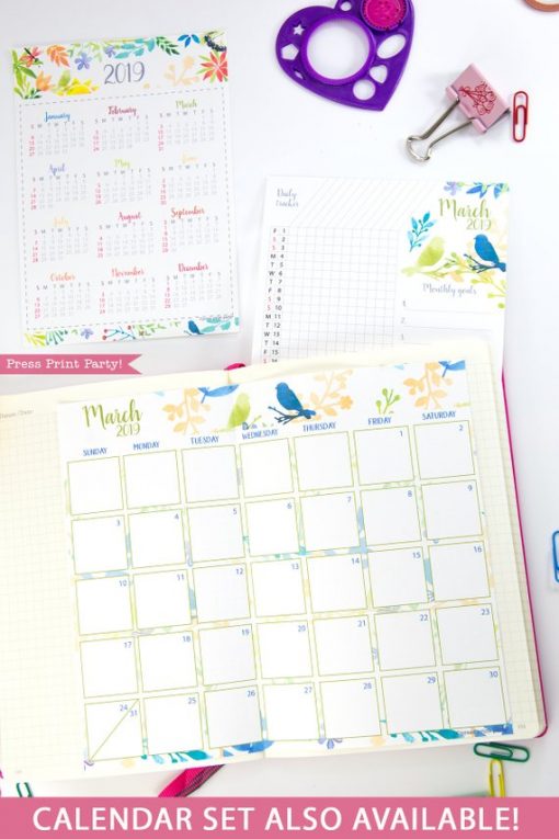 2019 Printable Calendar Set, Monthly Calendar, Daily task tracker, mini at a glance calendar, habit tracker, goal setting, watercolor designs. For bullet journals or A5 planners. Press Print Party!