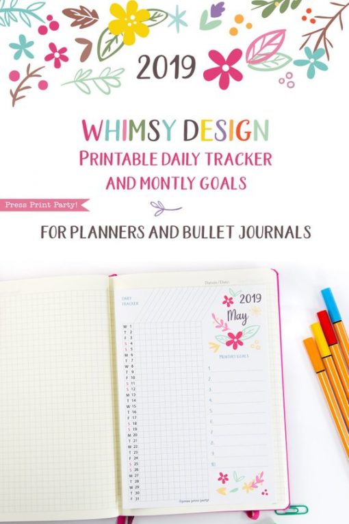 2019 Daily Task Tracker Printable, bullet journal habit tracker,goal tracker, whimsy designs. For bullet journals or A5 planners. Press Print Party!