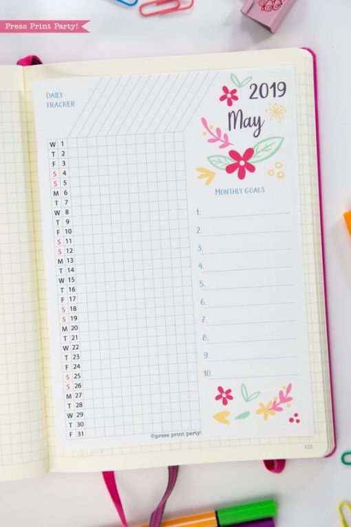 2019 Daily Task Tracker Printable, bullet journal habit tracker,goal tracker, whimsy designs. For bullet journals or A5 planners. Press Print Party!