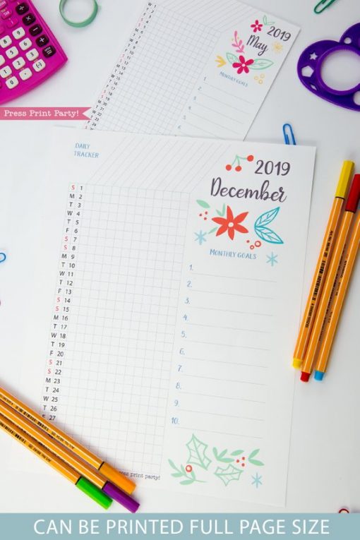 2019 Daily Task Tracker Printable, bullet journal habit tracker,goal tracker, whimsy designs. For bullet journals or A5 planners. Press Print Party!