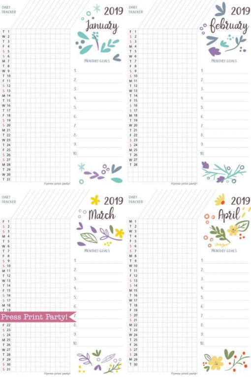 2019 Daily Task Tracker Printable, bullet journal habit tracker,goal tracker, whimsy designs. For bullet journals or A5 planners. Press Print Party!