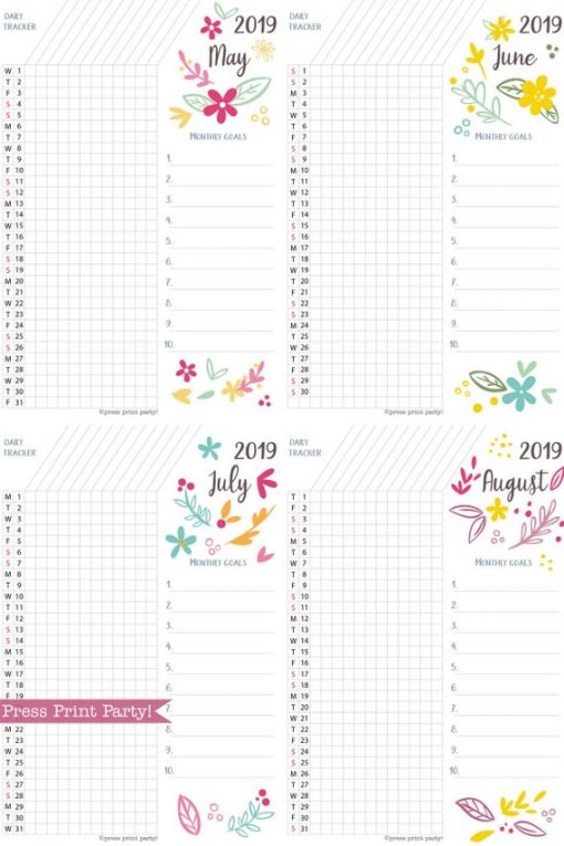 2019 Daily Task Tracker Printable, bullet journal habit tracker,goal tracker, whimsy designs. For bullet journals or A5 planners. Press Print Party!