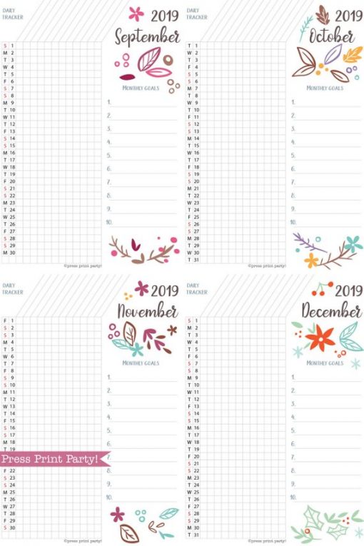 2019 Daily Task Tracker Printable, bullet journal habit tracker,goal tracker, whimsy designs. For bullet journals or A5 planners. Press Print Party!