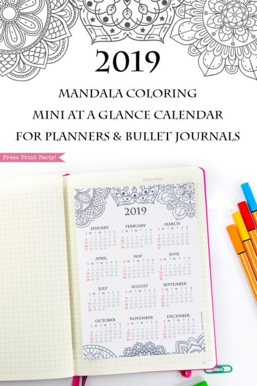 2019 Yearly Calendar Printable, mini at a glance calendar, Mandala coloring. For bullet journals or A5 planners. Press Print Party!