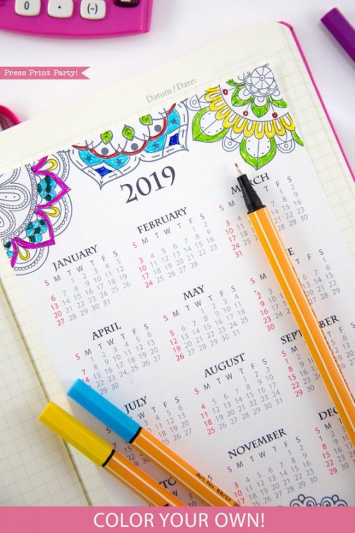 2019 Yearly Calendar Printable, mini at a glance calendar, Mandala coloring. For bullet journals or A5 planners. Press Print Party!